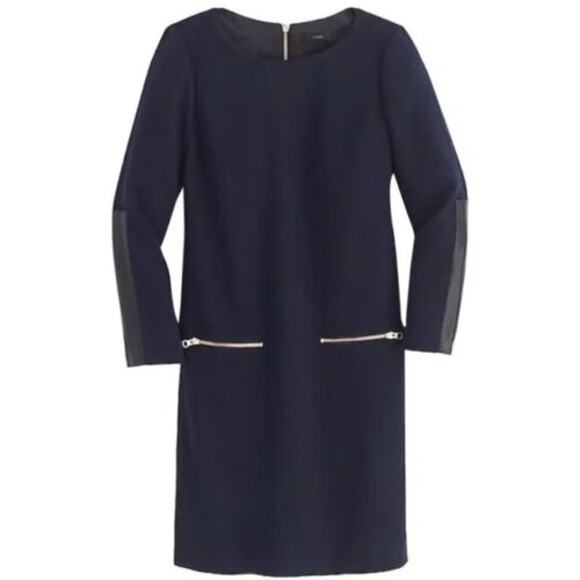 J.CREW Faux Leather Trim Navy Blue Black Zip Pocket Straight Dress | 4 - Picture 14 of 14